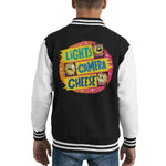 Load image into Gallery viewer, Lights Camera Cheese Kids Varsity Jacket
