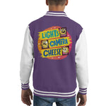 Load image into Gallery viewer, Boy Girl Dog Cat Mouse Cheese Lights Camera Cheese Kid&#39;s Varsity Jacket
