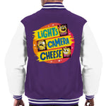 Load image into Gallery viewer, Boy Girl Dog Cat Mouse Cheese Lights Camera Cheese Men&#39;s Varsity Jacket
